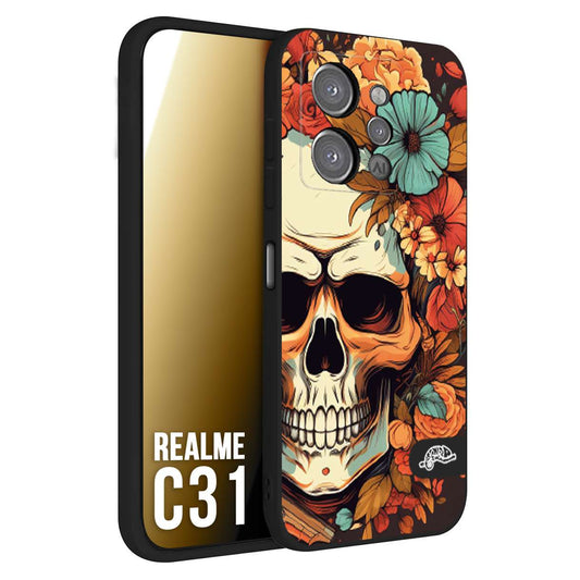 CUSTOMIZZA - Custodia cover nera morbida in tpu compatibile per Oppo Realme C31 teschio skull flowers fiori autunnali arancio celeste tattoo