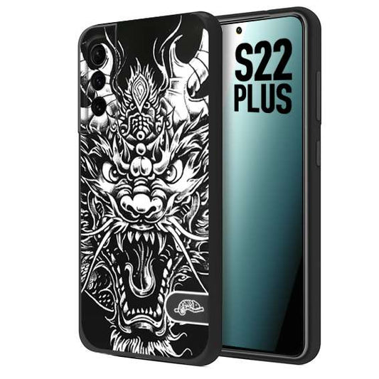 CUSTOMIZZA - Custodia cover nera morbida in tpu compatibile per Samsung S22 PLUS drago black and white bianco a rilievo disegnato tattoo tatuaggio