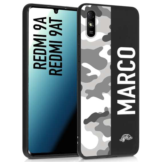 CUSTOMIZZA - Custodia cover nera morbida in tpu compatibile per Xiaomi Redmi 9A - 9AT camouflage mimetico militare personalizzata nome bianco