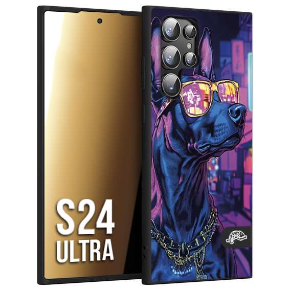 CUSTOMIZZA - Custodia cover nera morbida in tpu compatibile per Samsung S24 ULTRA animali cyberpunk dobermann cane street dog fucsia blu night