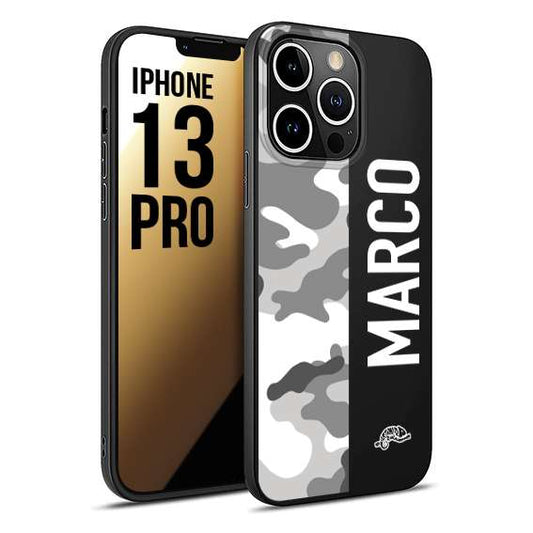 CUSTOMIZZA - Custodia cover nera morbida in tpu compatibile per iPhone 13 PRO camouflage mimetico militare personalizzata nome bianco