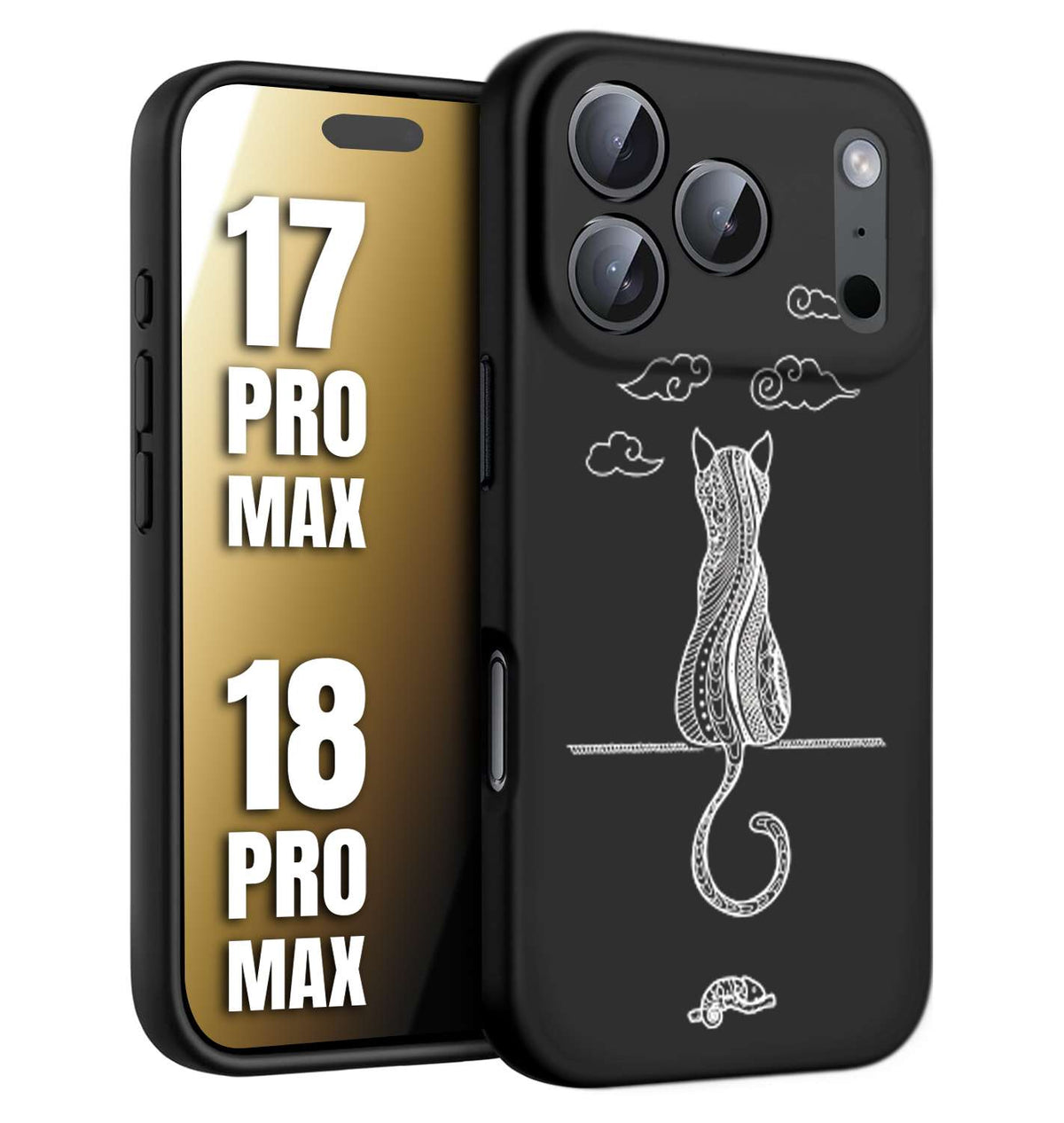 CUSTOMIZZA - Custodia cover nera morbida in tpu compatibile per iPhone 17 PRO MAX - 18 PRO MAX gatto mandala stilizzato gattino a rilievo soft touch donna bianca