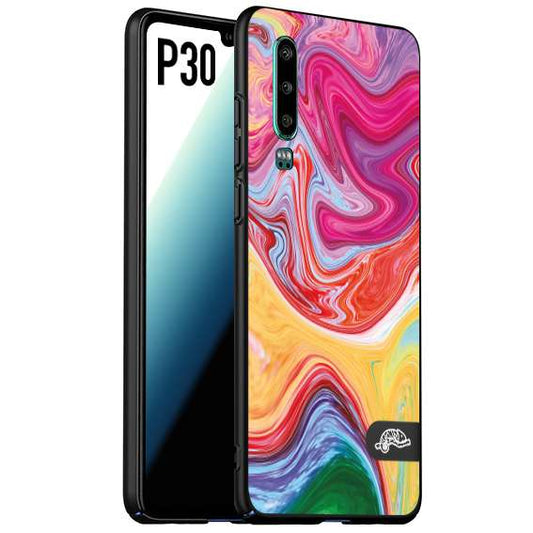 CUSTOMIZZA - Custodia cover nera morbida in tpu compatibile per Huawei P30 colorata fantasia vortice marmo onde verde fucsia gialla