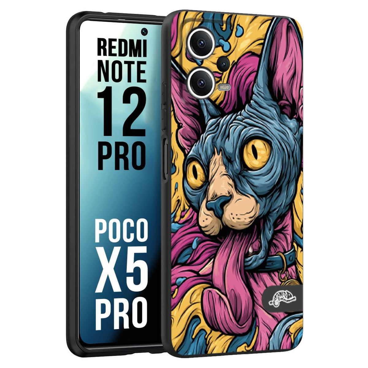CUSTOMIZZA - Custodia cover nera morbida in tpu compatibile per Xiaomi Redmi Note 12 PRO - POCO X5 PRO Sphynx Colorato Pop Art Psichedelico Gatto Blu Rosa Giallo Artistica Fantasy