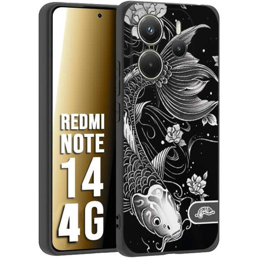 CUSTOMIZZA - Custodia cover nera morbida in tpu compatibile per Xiaomi Redmi Note 14 4G carpa koi black and white bianco a rilievo disegnato tattoo tatuaggio
