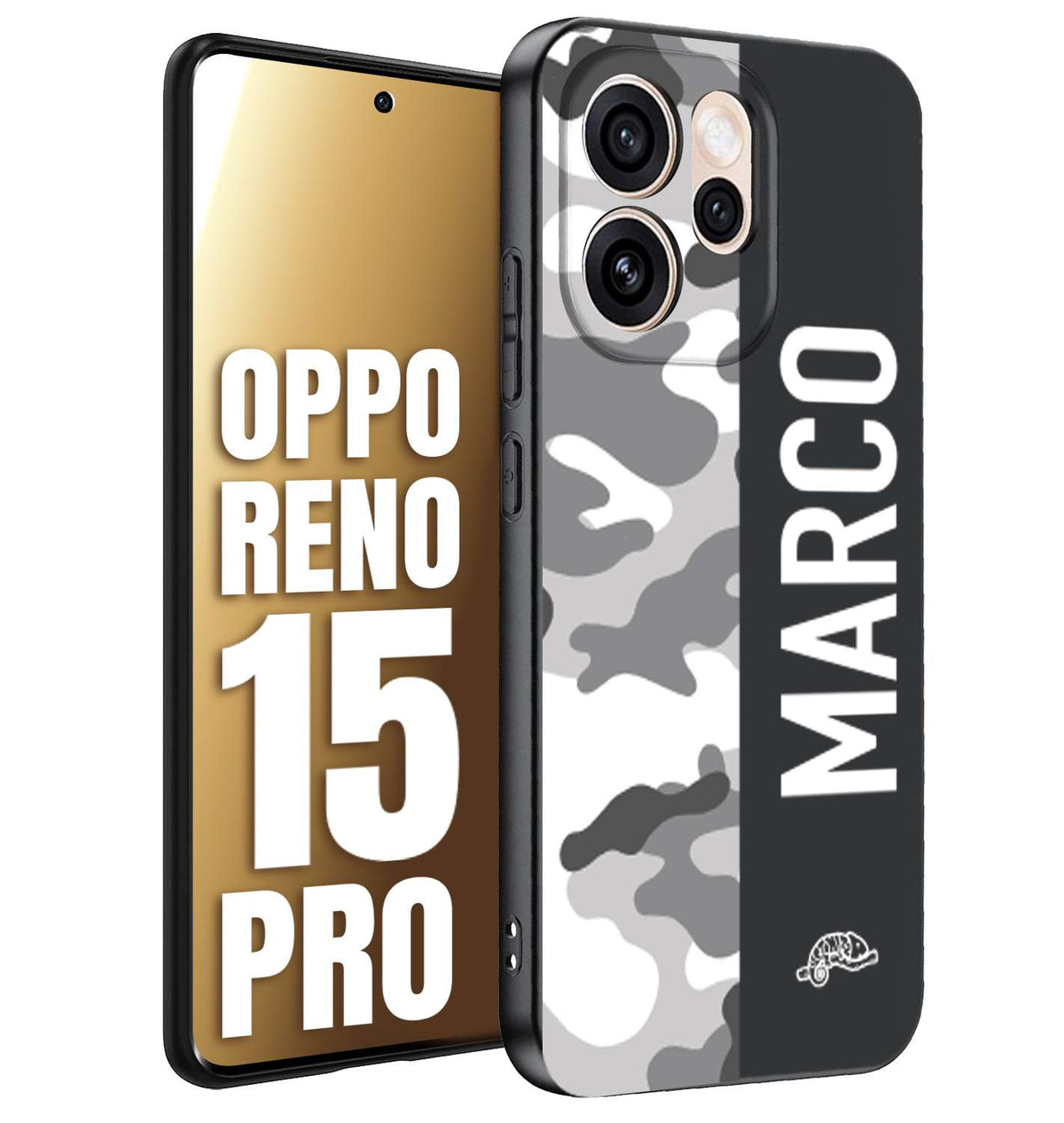 CUSTOMIZZA - Custodia cover nera morbida in tpu compatibile per Oppo Reno 15 PRO camouflage mimetico militare personalizzata nome bianco