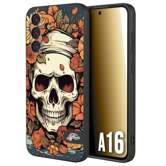 CUSTOMIZZA - Custodia cover nera morbida in tpu compatibile per Samsung A16 teschio skull flowers fiori tattoo disegnato alta definizione