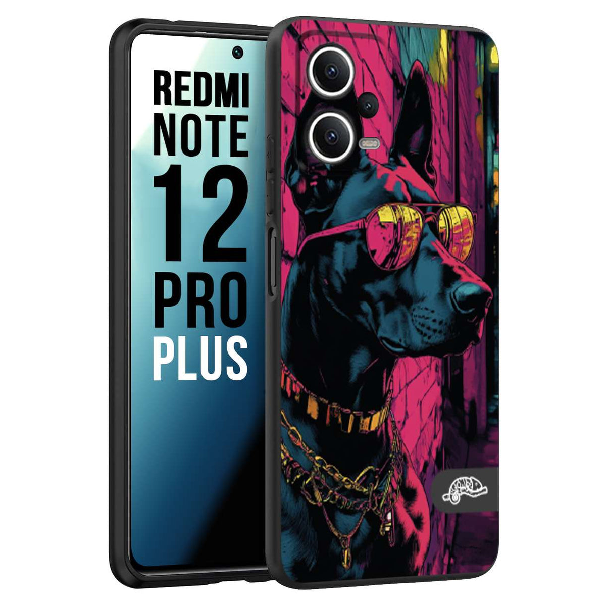 CUSTOMIZZA - Custodia cover nera morbida in tpu compatibile per Xiaomi Redmi Note 12 PRO PLUS animali cyberpunk dobermann cane street dog fucsia blu