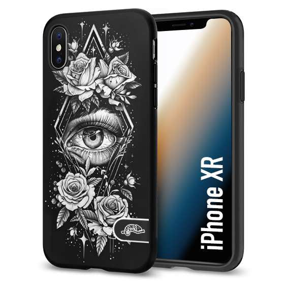 CUSTOMIZZA - Custodia cover nera morbida in tpu compatibile per iPhone Xr occhio fiori rombo geometrico black and white bianco a rilievo disegnato tattoo tatuaggio