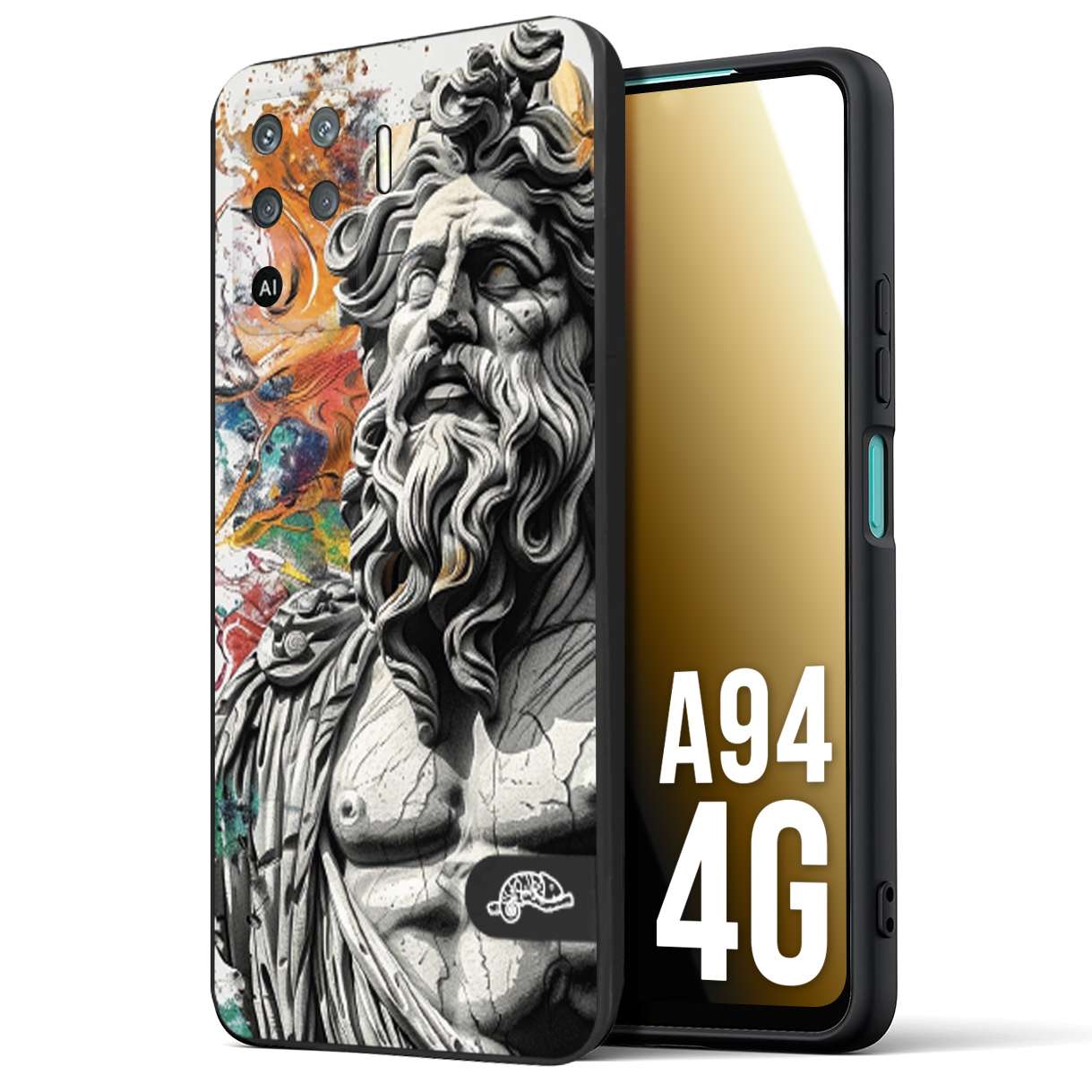 CUSTOMIZZA - Custodia cover nera morbida in tpu compatibile per Oppo A94 4G statua colorata moderna antico tattoo splash color