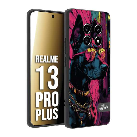 CUSTOMIZZA - Custodia cover nera morbida in tpu compatibile per Realme 13 PRO PLUS animali cyberpunk dobermann cane street dog fucsia blu