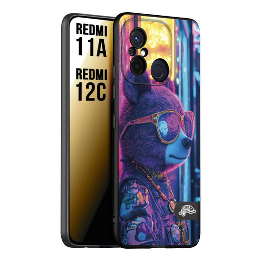 CUSTOMIZZA - Custodia cover nera morbida in tpu compatibile per Xiaomi Redmi 11A - 12C animali cyberpunk orsetto orso street bear fucsia blu night