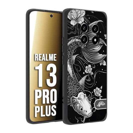 CUSTOMIZZA - Custodia cover nera morbida in tpu compatibile per Realme 13 PRO PLUS carpa koi black and white bianco a rilievo disegnato tattoo tatuaggio