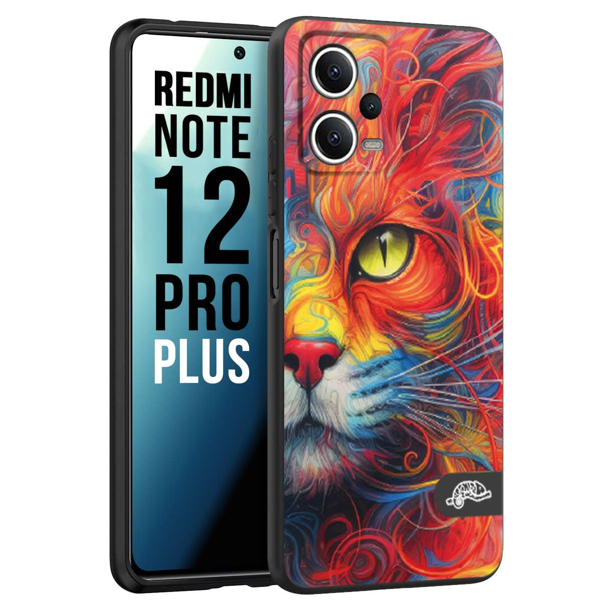 CUSTOMIZZA - Custodia cover nera morbida in tpu compatibile per Xiaomi Redmi Note 12 PRO PLUS animali color cat gatto viso colori vibranti disegnato schizzo