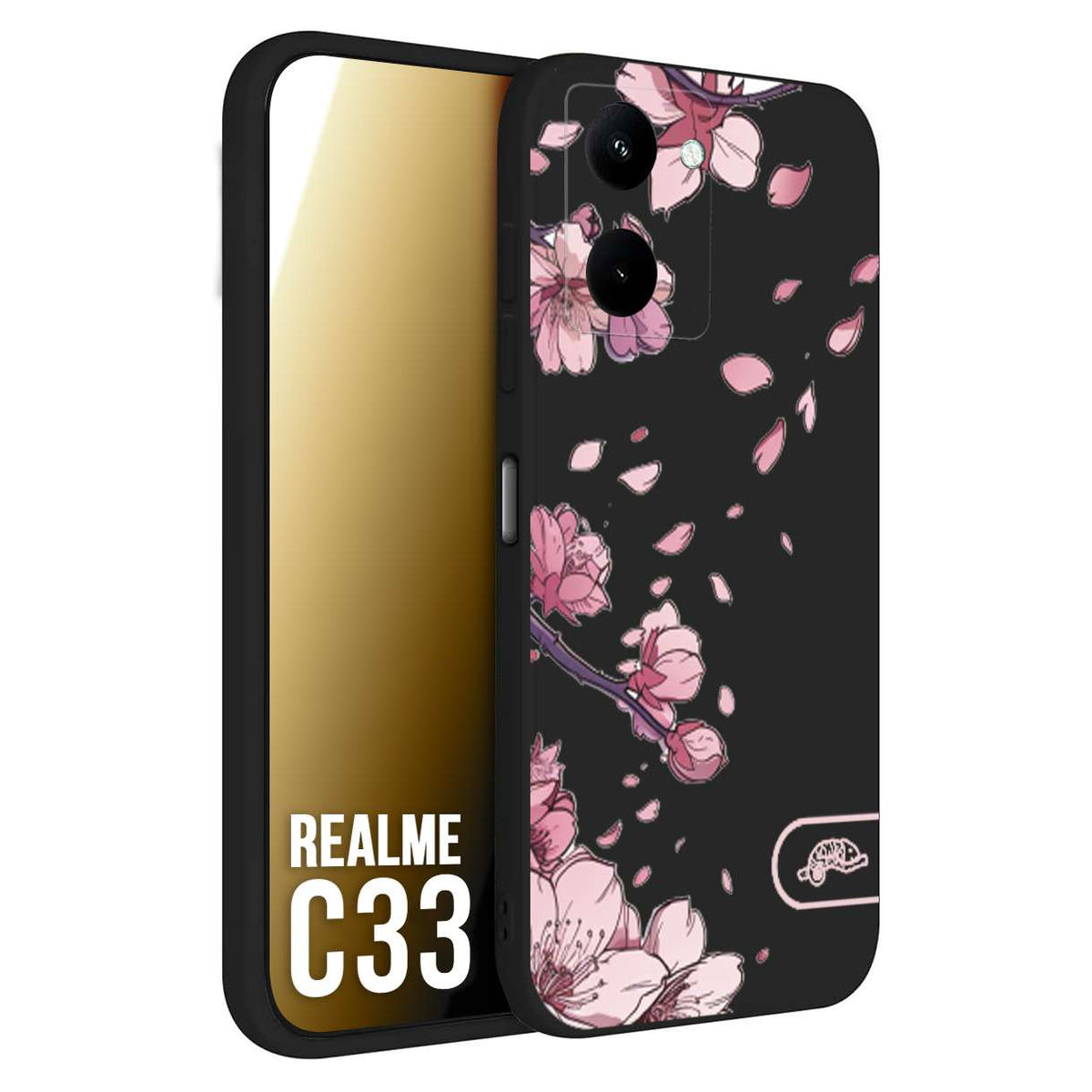 CUSTOMIZZA - Custodia cover nera morbida in tpu compatibile per Realme C33 giapponese fiori di ciliegio in fiore a rilievo disegnata tattoo