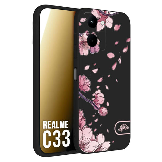 CUSTOMIZZA - Custodia cover nera morbida in tpu compatibile per Realme C33 giapponese fiori di ciliegio in fiore a rilievo disegnata tattoo