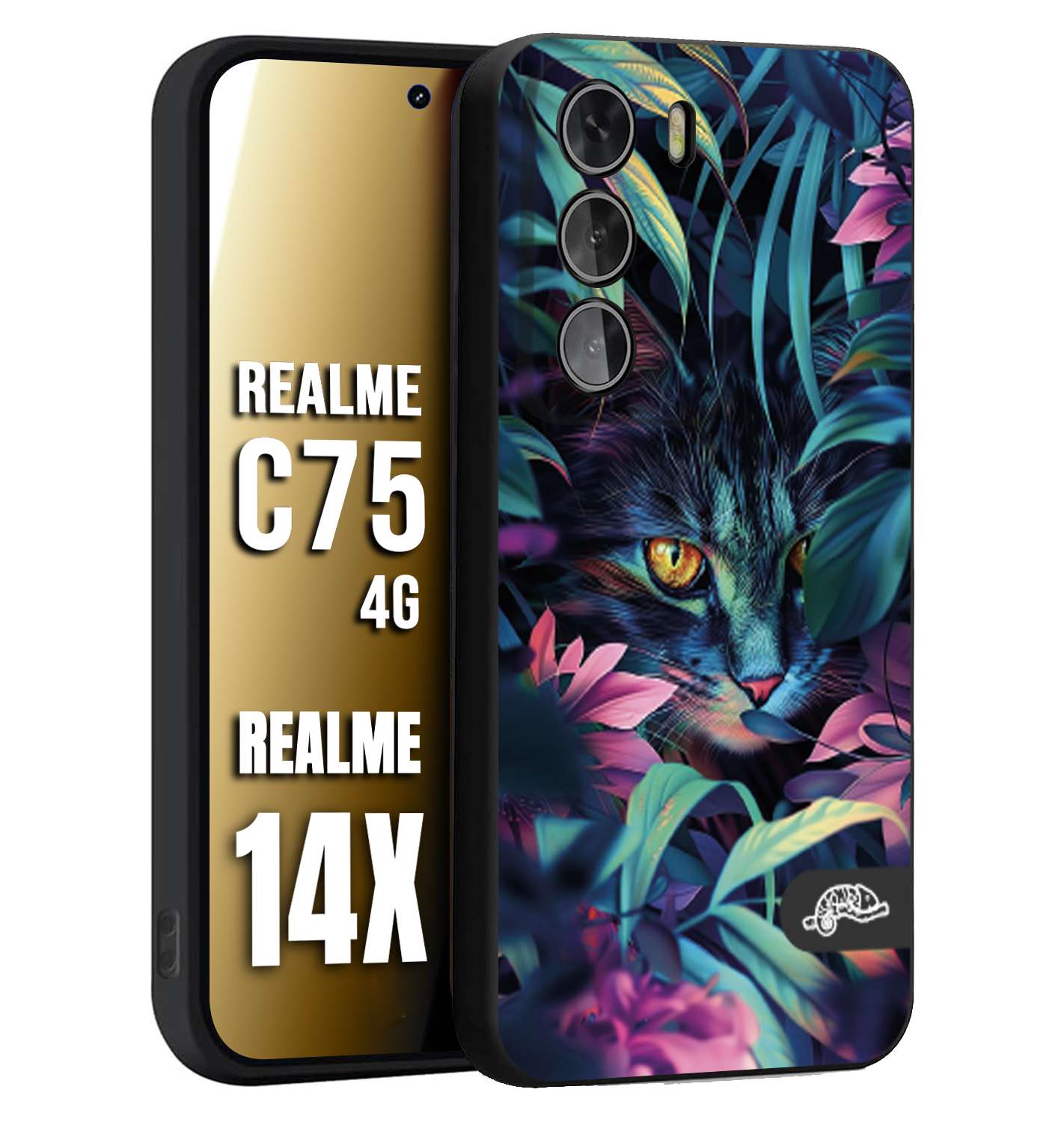 CUSTOMIZZA - Custodia cover nera morbida in tpu compatibile per Realme 14X - C75 4G animali color giungla tropicale occhio di gatto colori vibranti disegnato