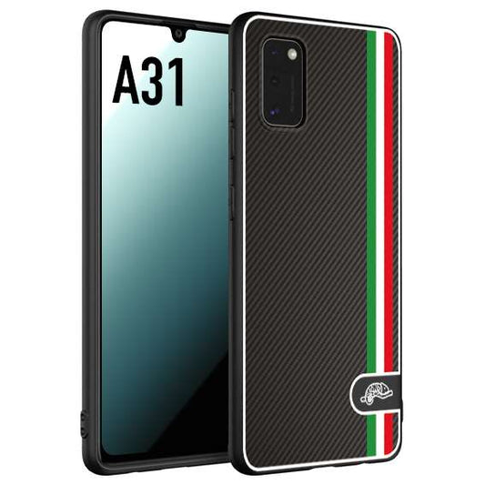 CUSTOMIZZA - Custodia cover nera morbida in tpu compatibile per Samsung A31 effetto fibra di carbonio bandiera Italia made in Italy