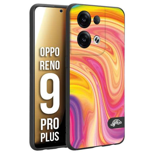 CUSTOMIZZA - Custodia cover nera morbida in tpu compatibile per Oppo Reno 9 PRO PLUS colorata fantasia vortice marmo onde rosa fucsia gialla