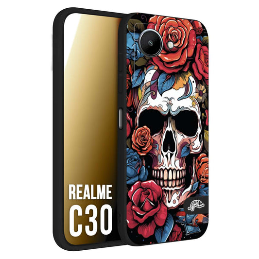 CUSTOMIZZA - Custodia cover nera morbida in tpu compatibile per Realme C30 teschio skull flowers fiori rose rosse tattoo disegnato
