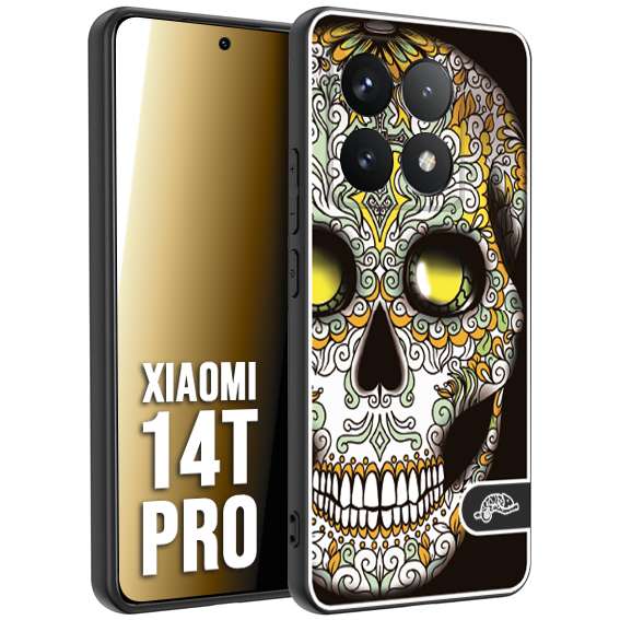 CUSTOMIZZA - Custodia cover nera morbida in tpu compatibile per Xiaomi 14T PRO teschio messicano Mexican skull bianco verde giallo