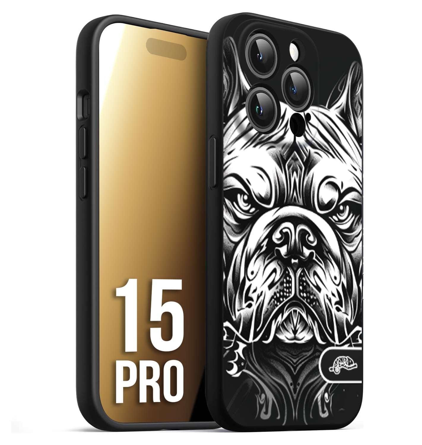 CUSTOMIZZA - Custodia cover nera morbida in tpu compatibile per iPhone 15 PRO bulldog bianco a rilievo disegnato tattoo tatuaggio