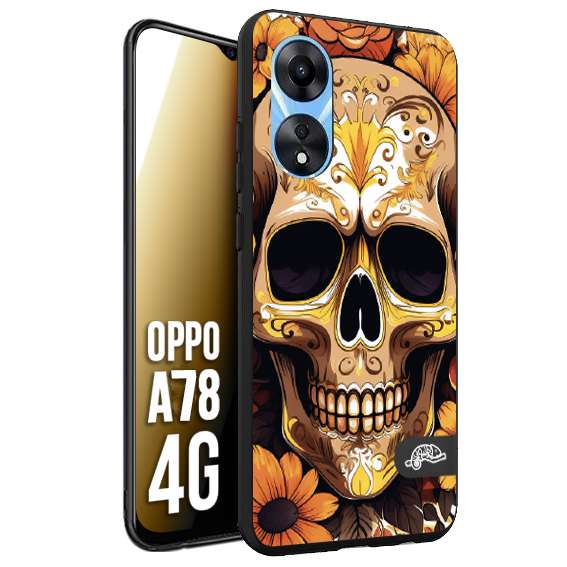 CUSTOMIZZA - Custodia cover nera morbida in tpu compatibile per Oppo A78 4G teschio messicano colorato dorato fiori tattoo disegnato
