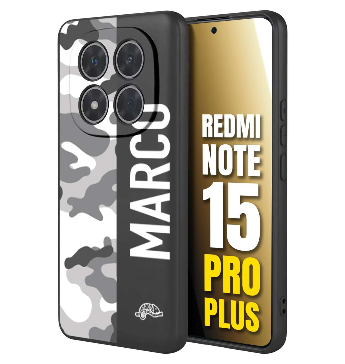 CUSTOMIZZA - Custodia cover nera morbida in tpu compatibile per Xiaomi Redmi Note 15 PRO PLUS camouflage mimetico militare personalizzata nome bianco