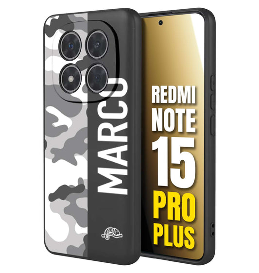 CUSTOMIZZA - Custodia cover nera morbida in tpu compatibile per Xiaomi Redmi Note 15 PRO PLUS camouflage mimetico militare personalizzata nome bianco