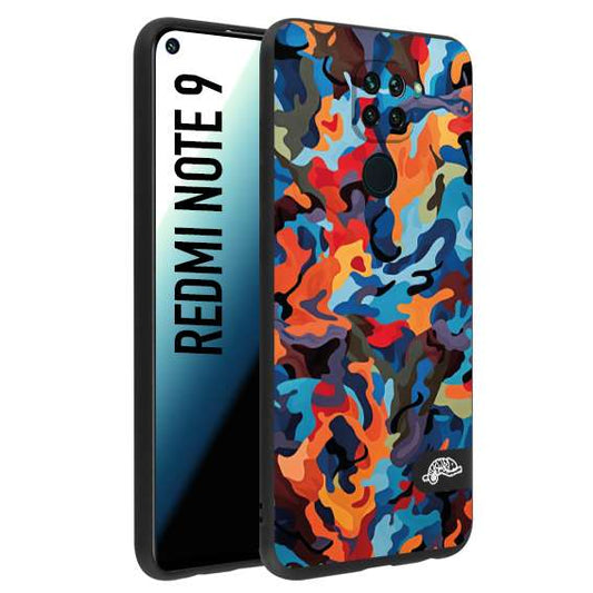 CUSTOMIZZA - Custodia cover nera morbida in tpu compatibile per Xiaomi Redmi Note 9 camouflage mimetico militare moderno blu arancio rosso