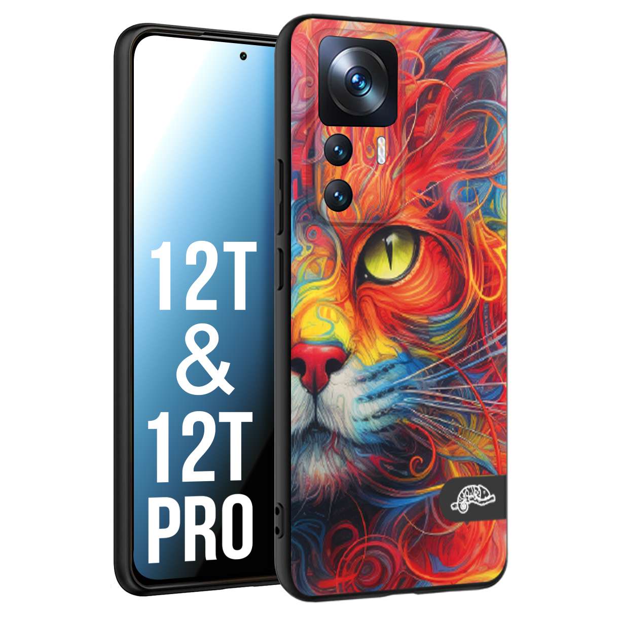 CUSTOMIZZA - Custodia cover nera morbida in tpu compatibile per Xiaomi 12T - 12T PRO animali color cat gatto viso colori vibranti disegnato schizzo