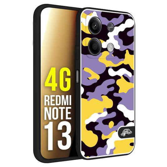 CUSTOMIZZA - Custodia cover nera morbida in tpu compatibile per Xiaomi Redmi Note 13 4G camouflage mimetico militare viola lilla giallo