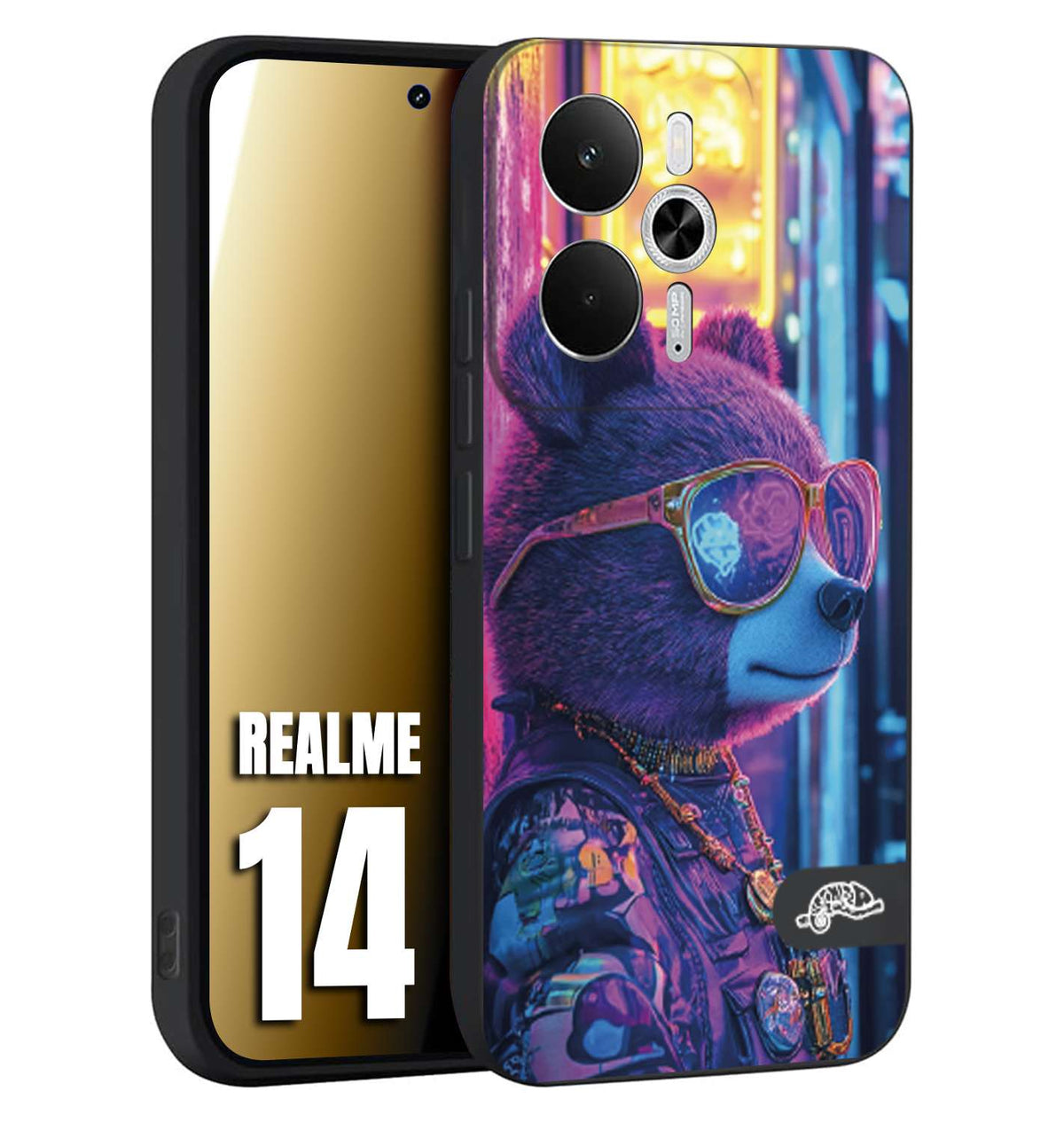 CUSTOMIZZA - Custodia cover nera morbida in tpu compatibile per Realme 14 5G animali cyberpunk orsetto orso street bear fucsia blu night