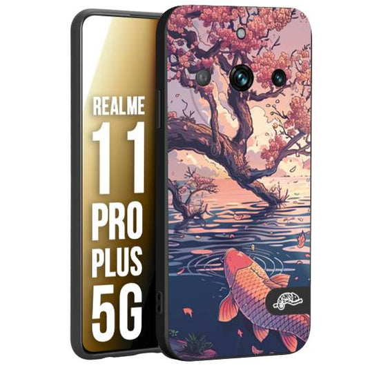 CUSTOMIZZA - Custodia cover nera morbida in tpu compatibile per Oppo Realme 11 PRO PLUS 5G giapponese lago carpa koi rosa con foglie d'acero disegnata tattoo