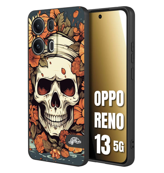 CUSTOMIZZA - Custodia cover nera morbida in tpu compatibile per Oppo Reno 13 5G teschio skull flowers fiori tattoo disegnato alta definizione
