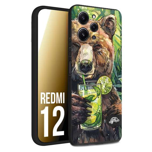 CUSTOMIZZA - Custodia cover nera morbida in tpu compatibile per Xiaomi Redmi 12 estate disegnata cocktails animali simpatici orso bear negroni