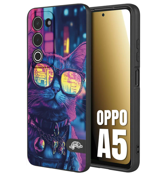 CUSTOMIZZA - Custodia cover nera morbida in tpu compatibile per Oppo A5 animali cyberpunk gatto street cat fucsia blu giallo
