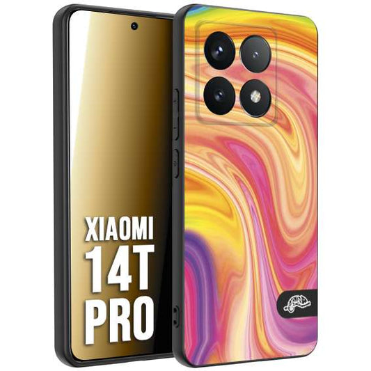 CUSTOMIZZA - Custodia cover nera morbida in tpu compatibile per Xiaomi 14T PRO colorata fantasia vortice marmo onde rosa fucsia gialla