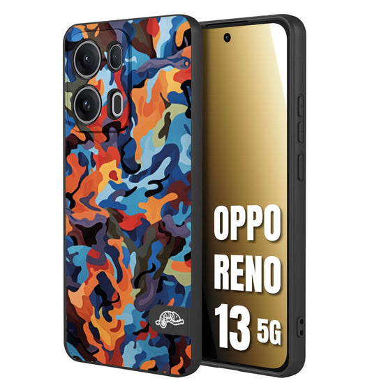 CUSTOMIZZA - Custodia cover nera morbida in tpu compatibile per Oppo Reno 13 5G camouflage mimetico militare moderno blu arancio rosso