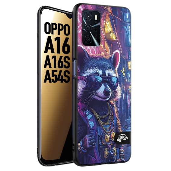 CUSTOMIZZA - Custodia cover nera morbida in tpu compatibile per Oppo A16 - A16S - A54S animali simpatici cyberpunk procione racoon street cat fucsia blu giallo