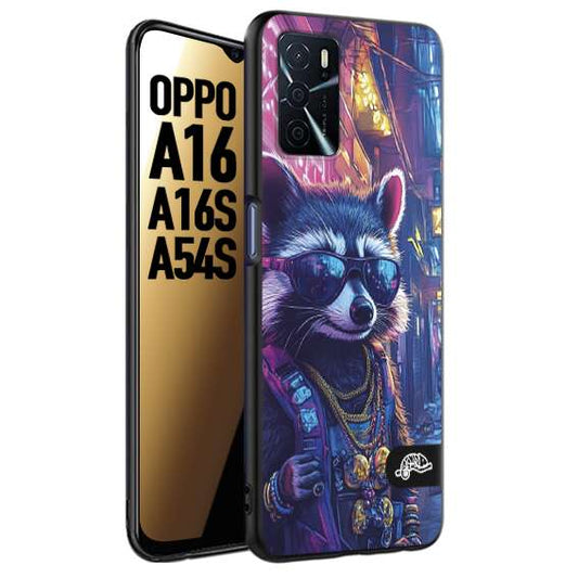 CUSTOMIZZA - Custodia cover nera morbida in tpu compatibile per Oppo A16 - A16S - A54S animali simpatici cyberpunk procione racoon street cat fucsia blu giallo
