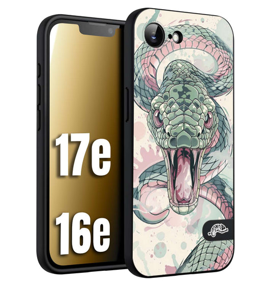 CUSTOMIZZA - Custodia cover nera morbida in tpu compatibile per iPhone 16E - 17E snake pink green serpente tatuaggio tattoo disegnato a mano