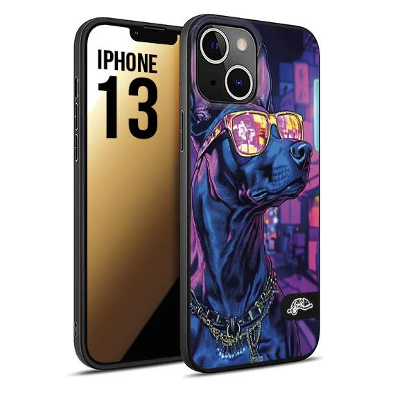 CUSTOMIZZA - Custodia cover nera morbida in tpu compatibile per iPhone 13 animali cyberpunk dobermann cane street dog fucsia blu night