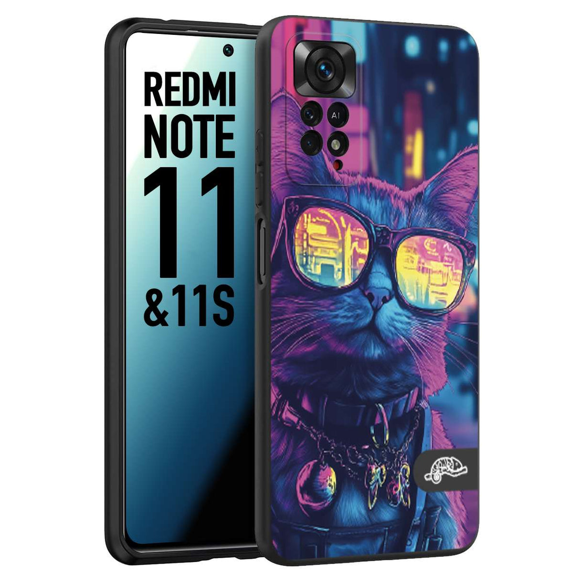 CUSTOMIZZA - Custodia cover nera morbida in tpu compatibile per Xiaomi Redmi Note 11 -  Note 11S animali cyberpunk gatto street cat fucsia blu giallo