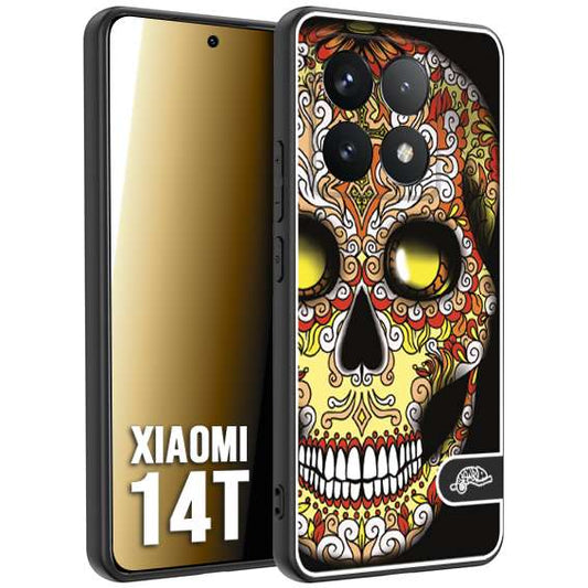 CUSTOMIZZA - Custodia cover nera morbida in tpu compatibile per Xiaomi 14T teschio messicano Mexican skull giallo rosso arancio