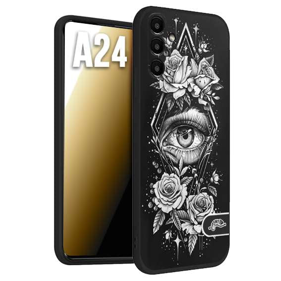 CUSTOMIZZA - Custodia cover nera morbida in tpu compatibile per Samsung A24 occhio fiori rombo geometrico black and white bianco a rilievo disegnato tattoo tatuaggio