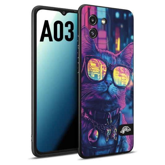 CUSTOMIZZA - Custodia cover nera morbida in tpu compatibile per Samsung A03 animali cyberpunk gatto street cat fucsia blu giallo