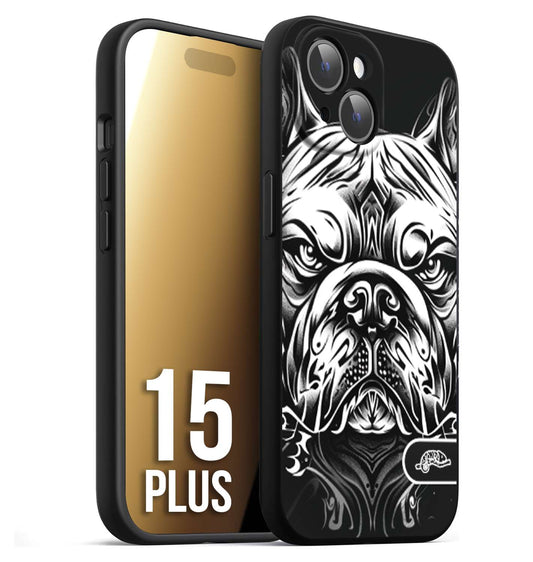 CUSTOMIZZA - Custodia cover nera morbida in tpu compatibile per iPhone 15 PLUS bulldog bianco a rilievo disegnato tattoo tatuaggio