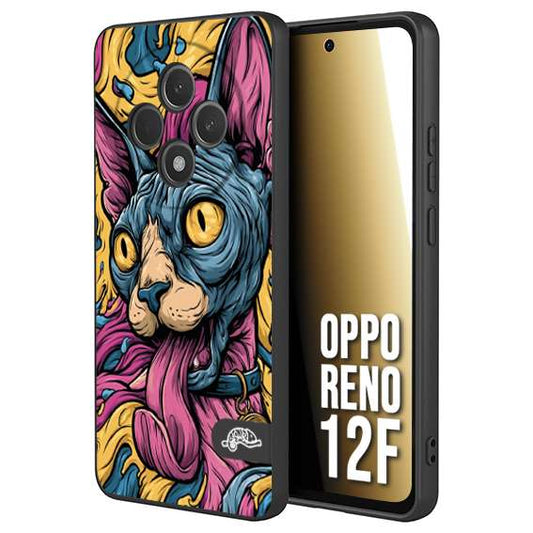 CUSTOMIZZA - Custodia cover nera morbida in tpu compatibile per Oppo Reno 12F Sphynx Colorato Pop Art Psichedelico Gatto Blu Rosa Giallo Artistica Fantasy