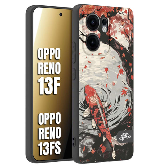 CUSTOMIZZA - Custodia cover nera morbida in tpu compatibile per Oppo Reno 13 F giapponese lago carpa koi rossa con foglie d'acero rosso disegnata tattoo